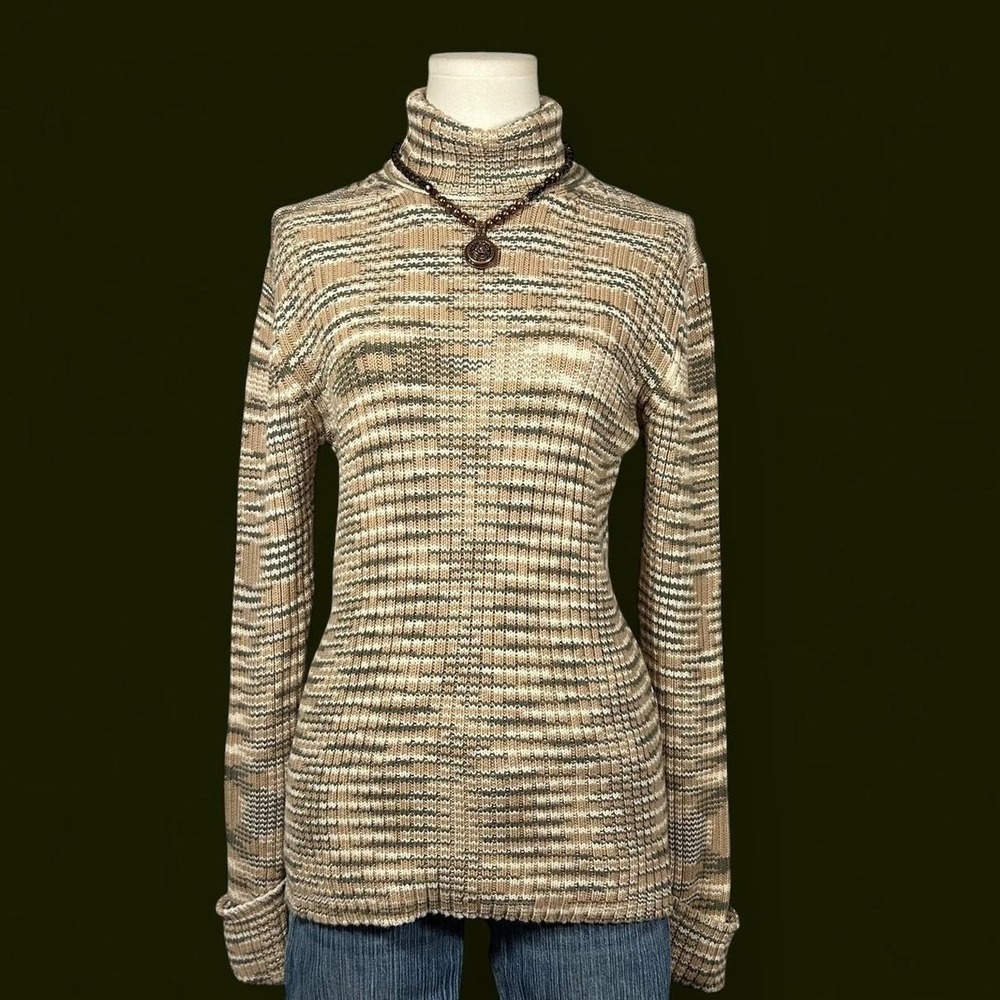 Y2K Gap Beige and Olive Green Striped Cotton Turtleneck Sweater Womens M
